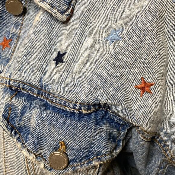 Star Embroidered Factory Distressed Denim Jacket - Picture 3 of 13